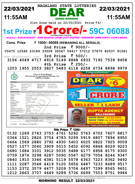 DEAR DAILY 1155AM LOTTERY RESULT 22.03.2021