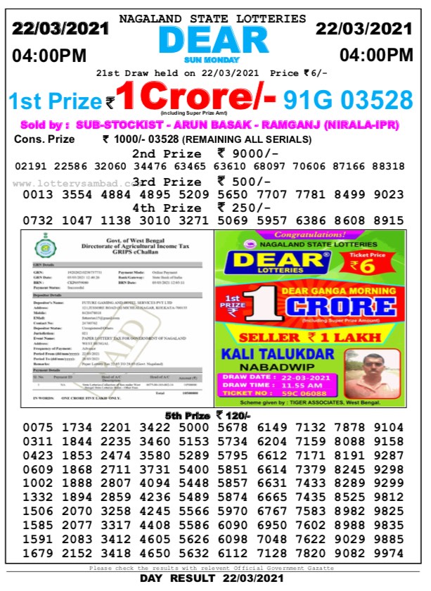 DEAR DAILY 4PM LOTTERY RESULT 22.03.2021