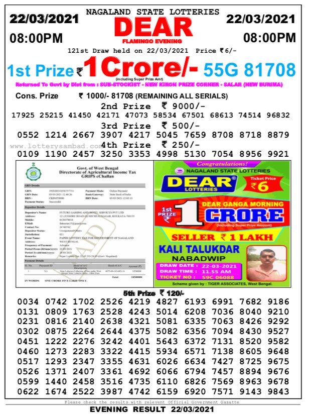 DEAR DAILY 8PM LOTTERY RESULT 22.03.2021