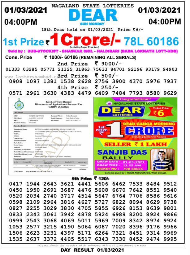 DEAR DAILY 4PM LOTTERY RESULT 01.03.2021