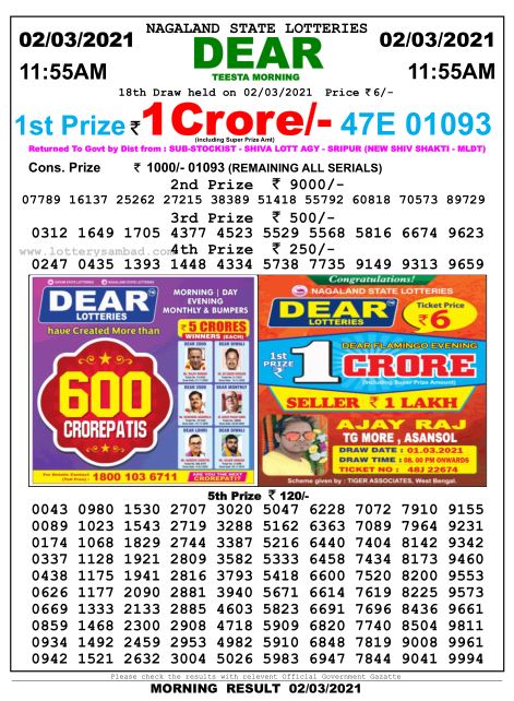 DEAR DAILY 1155AM LOTTERY RESULT 02.03.2021