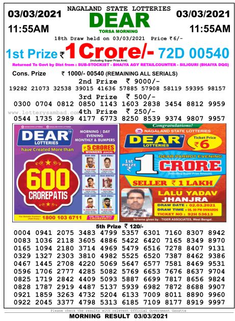 DEAR DAILY 1155AM LOTTERY RESULT 03.02.2021