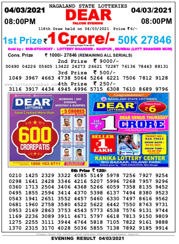 DEAR DAILY 8PM LOTTERY RESULT 04.03.2021