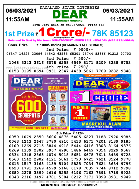 DEAR DAILY 1155AM LOTTERY RESULT 05.03.2021