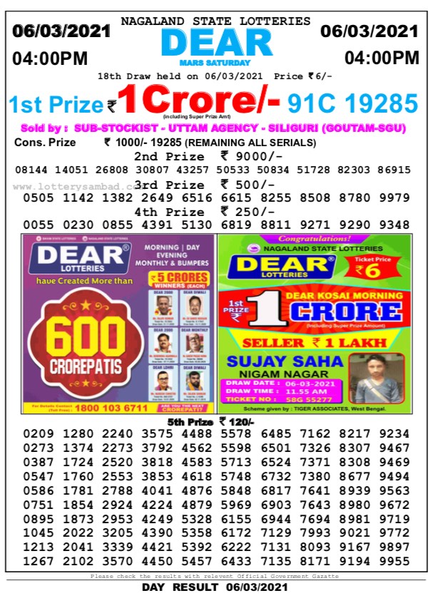 DEAR DAILY 4PM LOTTERY RESULT 06.03.2021