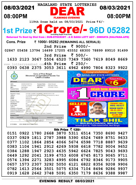 DEAR DAILY 8PM LOTTERY RESULT 08.03.2021