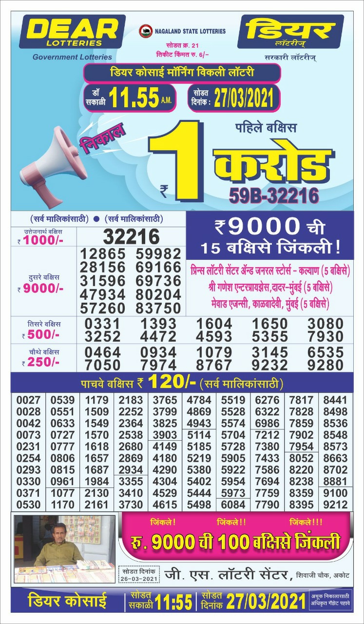 Daily dear 11:55 PM lottery 27. 03.2021