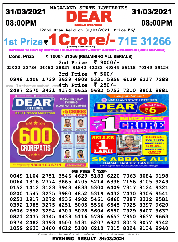 Dear 8pm lottery result 31.03.2021