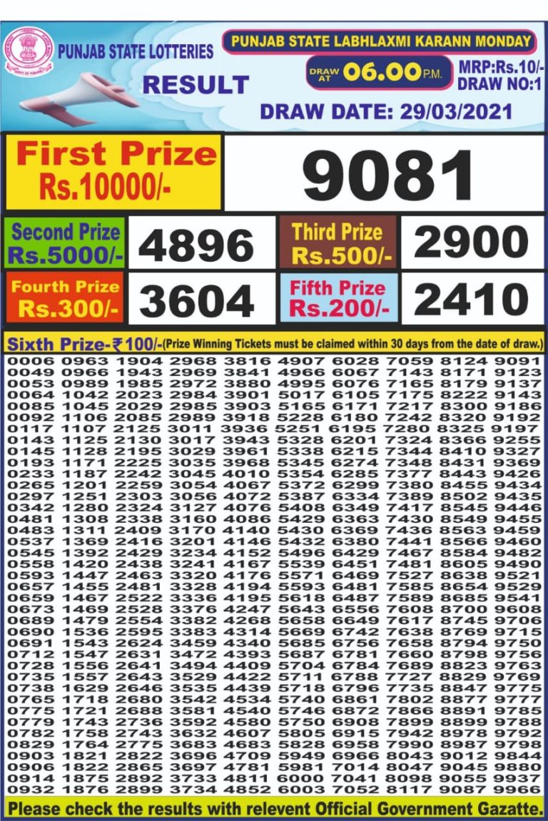 Labhlaxmi 6PM lottery result 29 march 29.03.2021