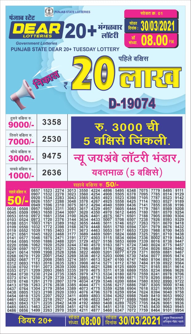 Dear 20 plus lottery result 30.03.2021