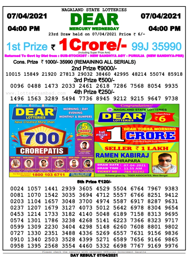 Dear 04.00 PM lottery result 07.04.2021