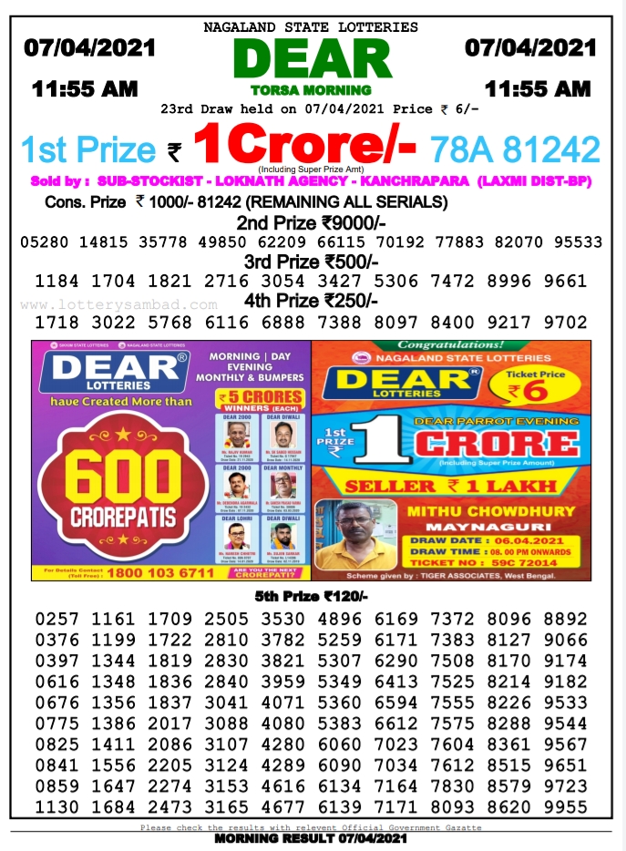 Dear 11.55am lottery result 07.04.2021