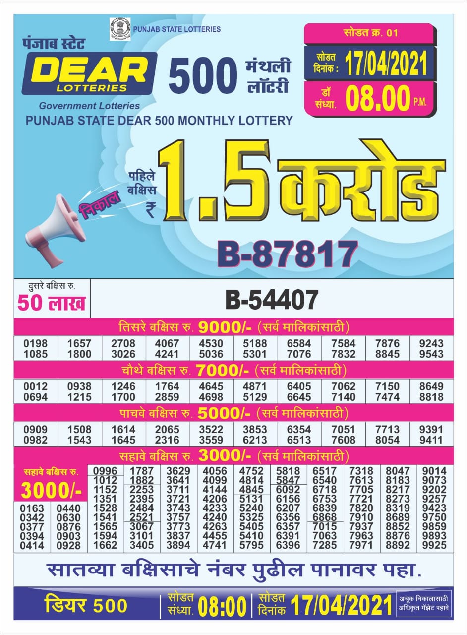Dear Panjaab state 500 manthly lottery 17.04.2021