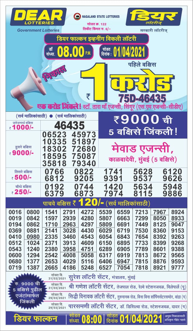 Dear 08.00 pm lottery result 01.04.2021