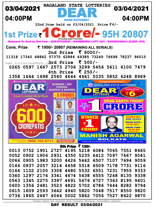 Dear 04.00 pm lottery result 03.04.2021