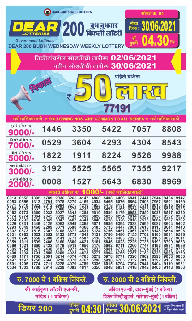 Dear 200 Wednesday weekly lottery 04.30 pm 30.06.2021