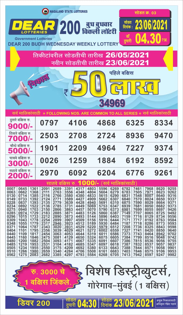 dear 200 wendsday weekly lottery 04.30 pm 23.06.2021