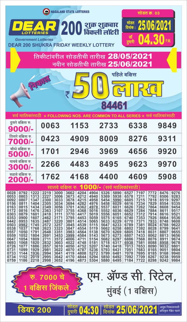 dear 200 thursday weekly lottery 04.30 pm 25.06.2021