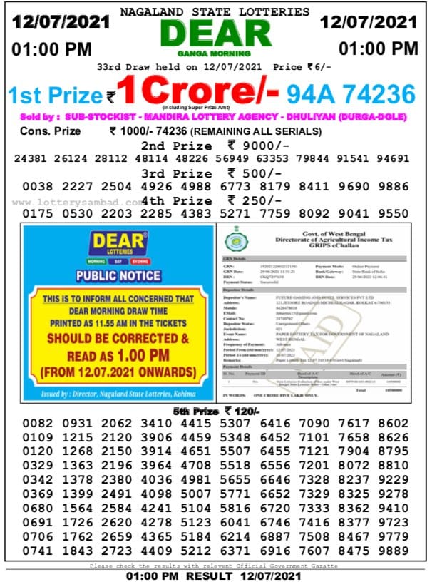Dear lottery 01-00 pm 12-07-2021