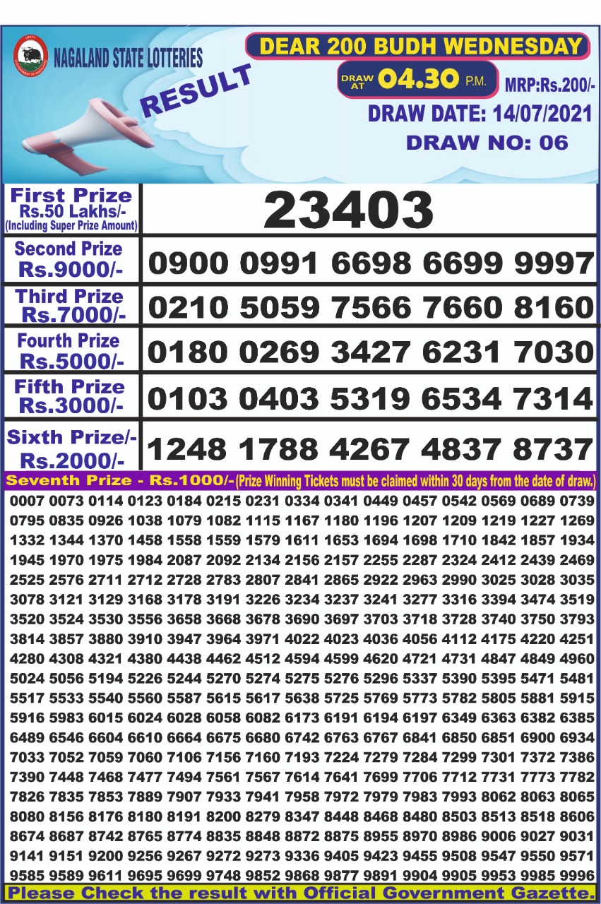Dear 200  budh weekly lottery 04-30 pm 14-07-2021