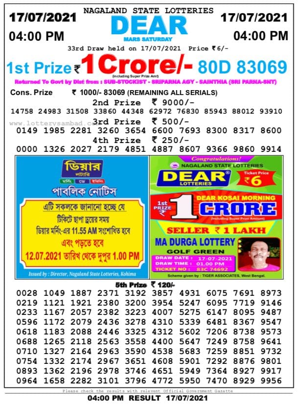 Dear lottery 04.00  17-07-2021