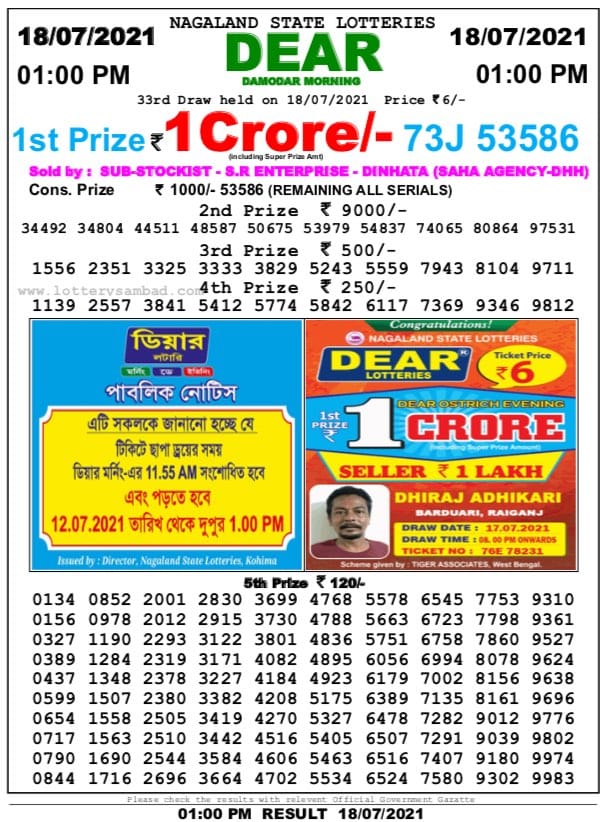 Dear lottery 01-00 pm 18-07-2021