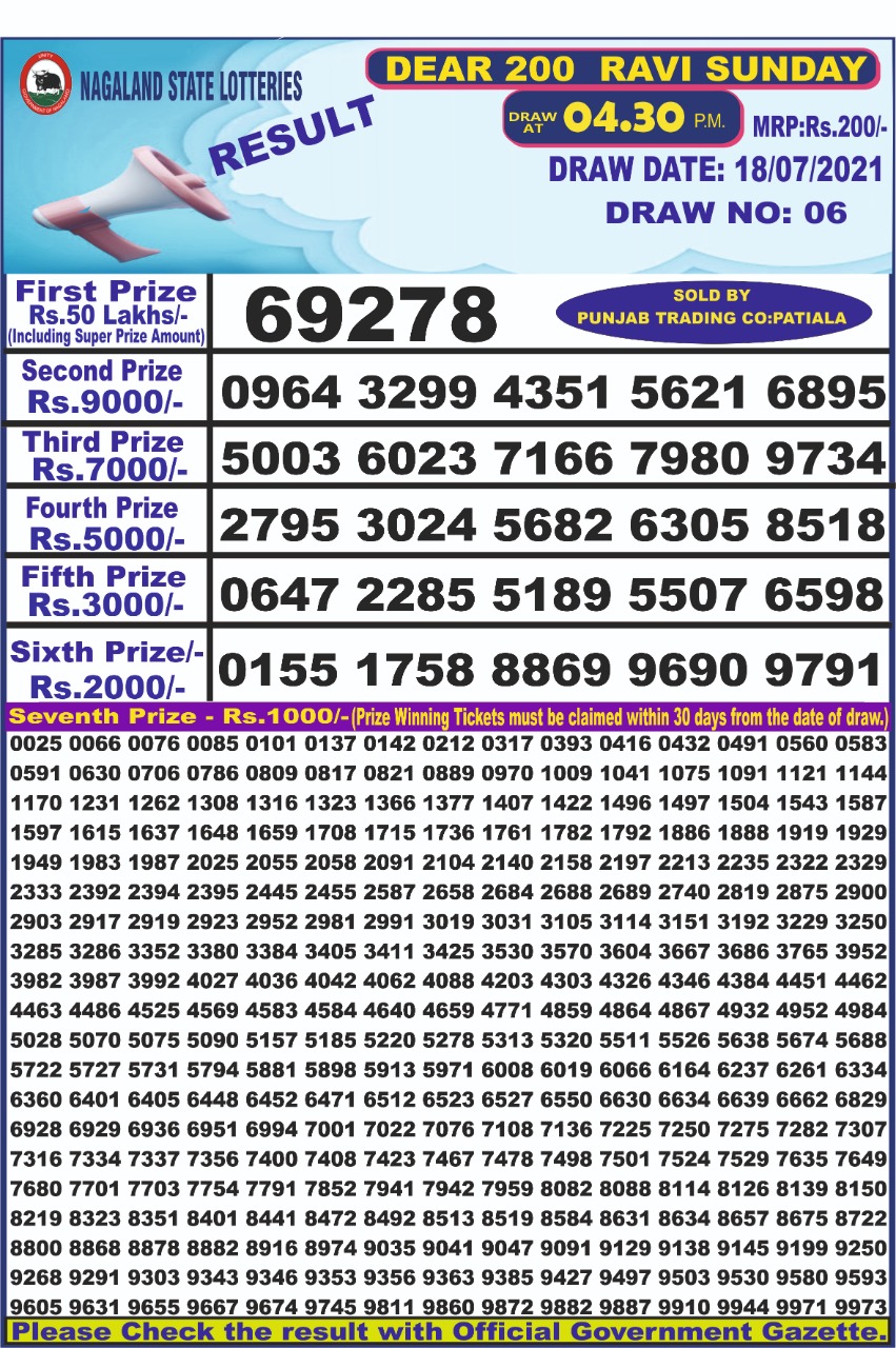 Dear 200 ravi weekly lottery 04.30 pm 18-07-2021