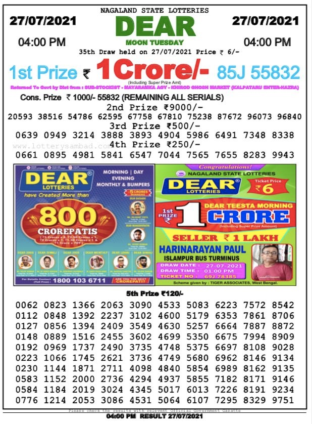 Dear lottery 04-00 pm 27-07-2021