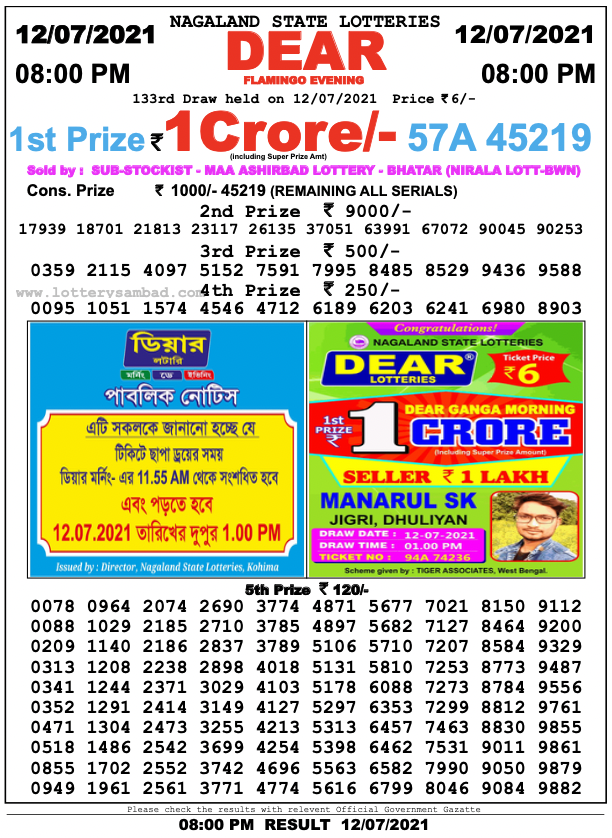 Dear lottery 08.00 pm 12-07-2021