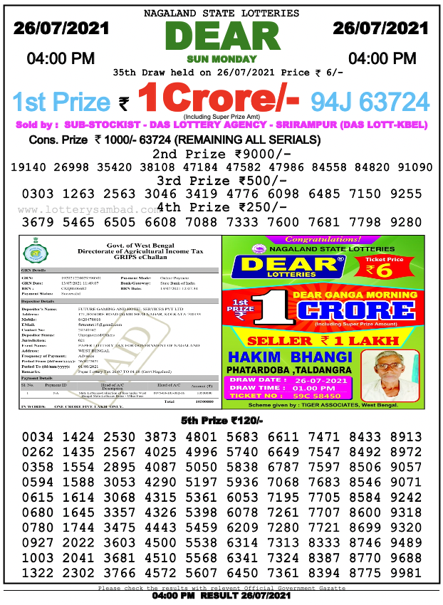 Dear lottery 04-00 pm 26-07-2021