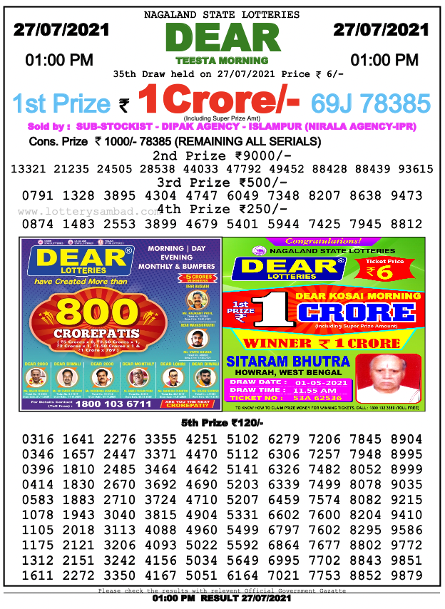 Dear lottery 01-00pm 27-07-2021