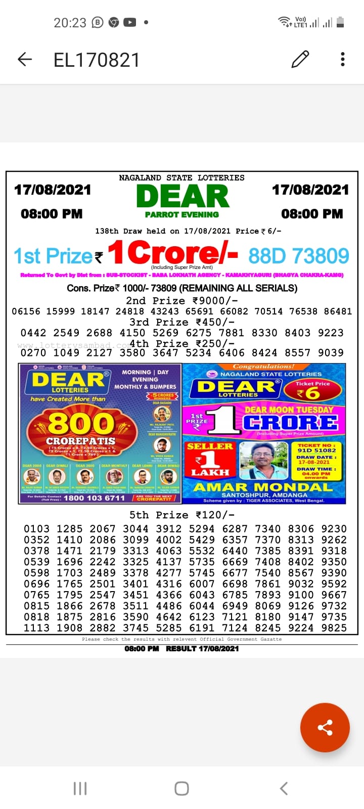 Dear lottery 08-00 pm 17-08-2021