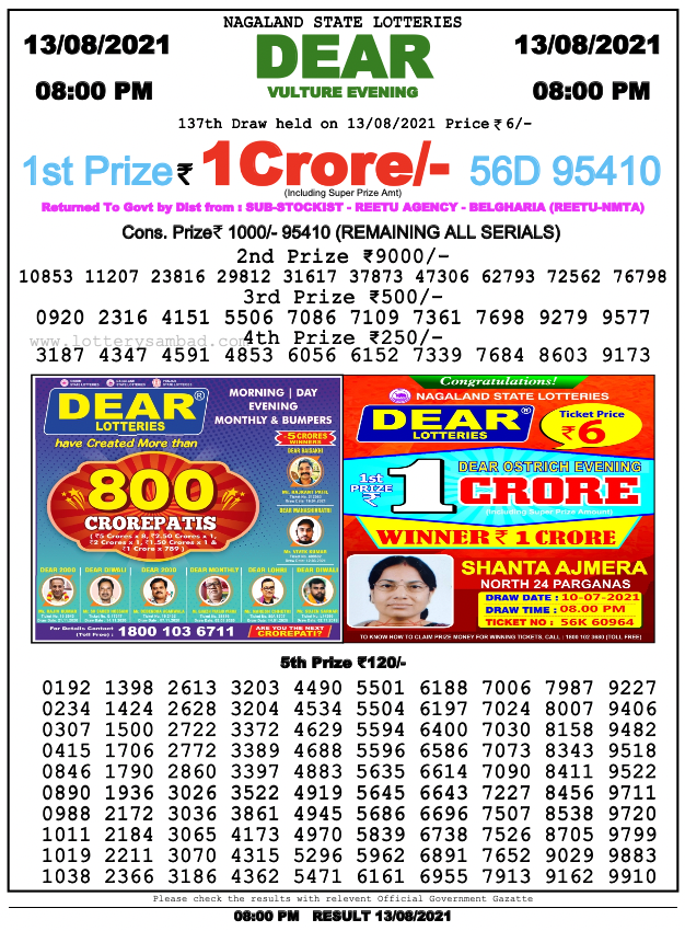 Dear lottery 08-00 pm 13-00-2021