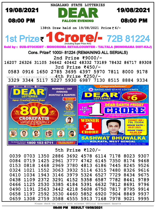 Dear lottery 08-00pm 19-08-2021