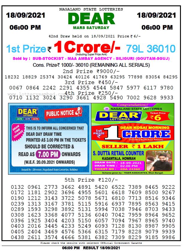 Dear Lottery Nagaland State Lottery Today 6:00 PM 16-09-2021