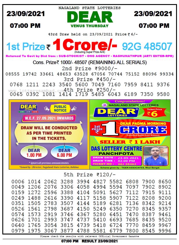 Dear Lottery Nagaland State Lottery Today 7:00 PM 23-09-2021