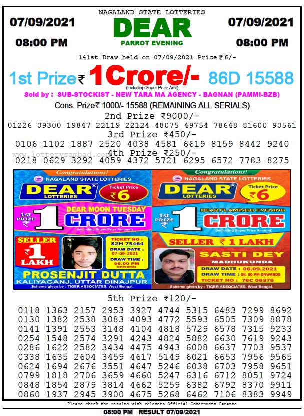 Dear Lottery Nagaland State Lottery Today 8:00 PM 07-09-2021