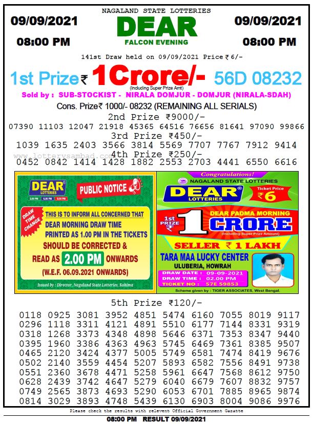 Dear Lottery Nagaland State Lottery Today 8:00 PM 09-09-2021