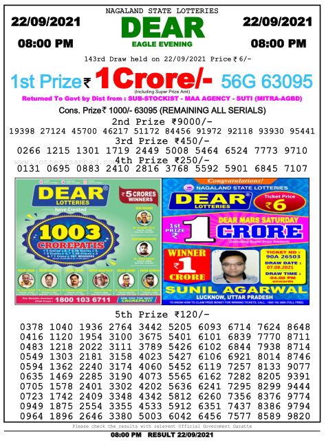 Dear Lottery Nagaland State Lottery Today 8:00 PM 22-09-2021