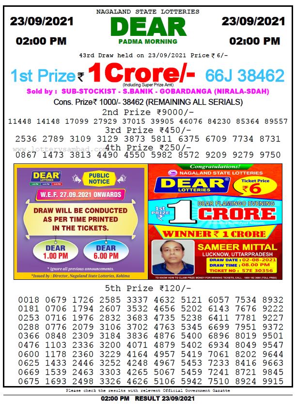 Dear Lottery Nagaland State Lottery Today 2:00 PM 23-09-2021
