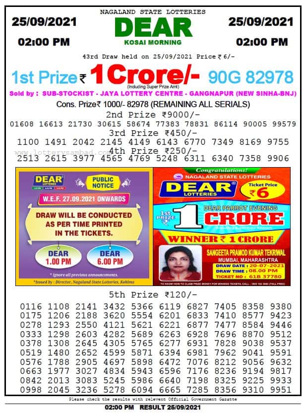 Dear Lottery Nagaland State Lottery Today 2:00 PM 25-09-2021