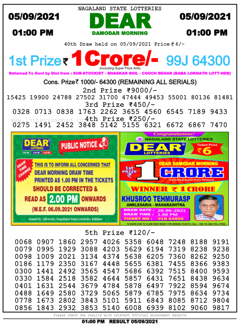 Dear Lottery Nagaland State Lottery Today 1:00 PM 05-09-2021