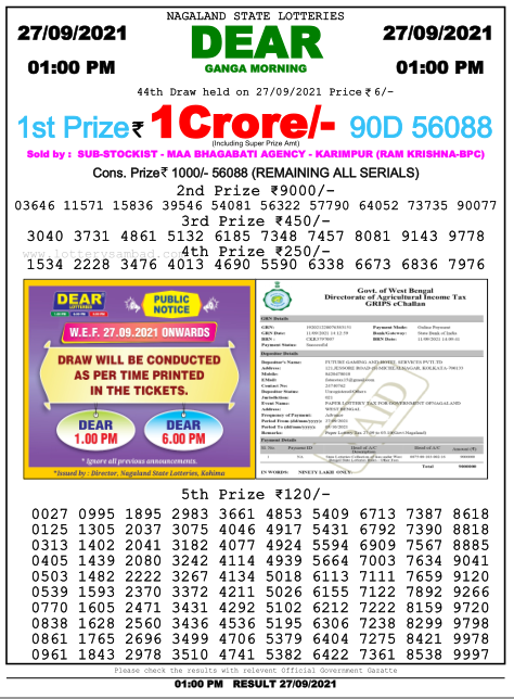 Dear Lottery Nagaland State Lottery Today 1:00 PM 27-09-2021