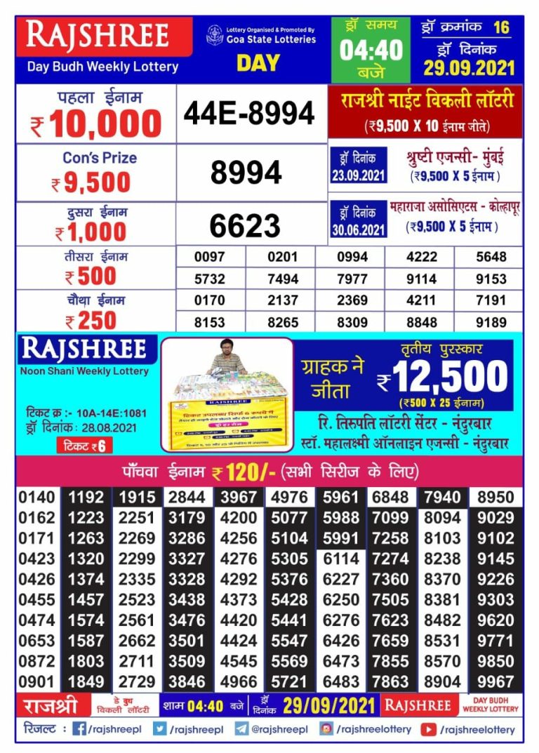 Rajshree Day Budh Weekly Lottery Result 4..40 pm29.09.2021