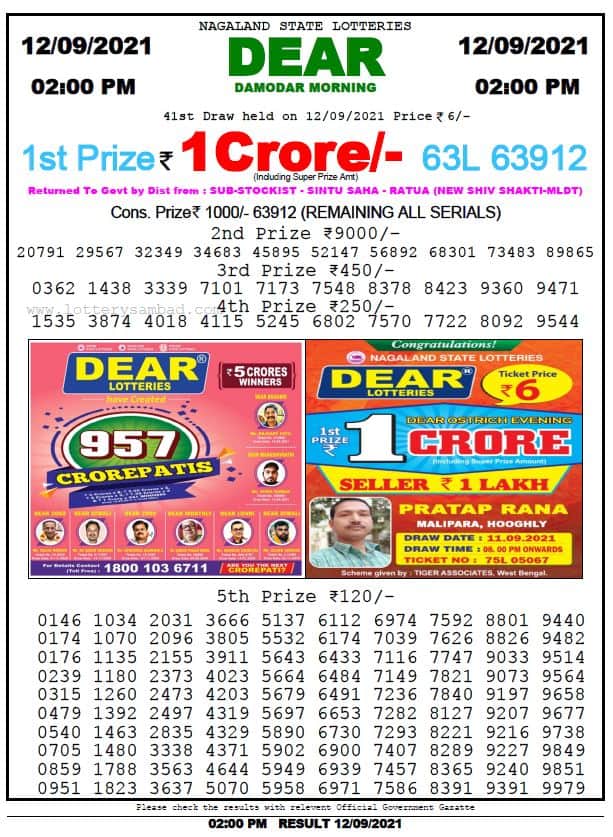 Dear Lottery Nagaland State Lottery Today 2:00 PM 12-09-2021