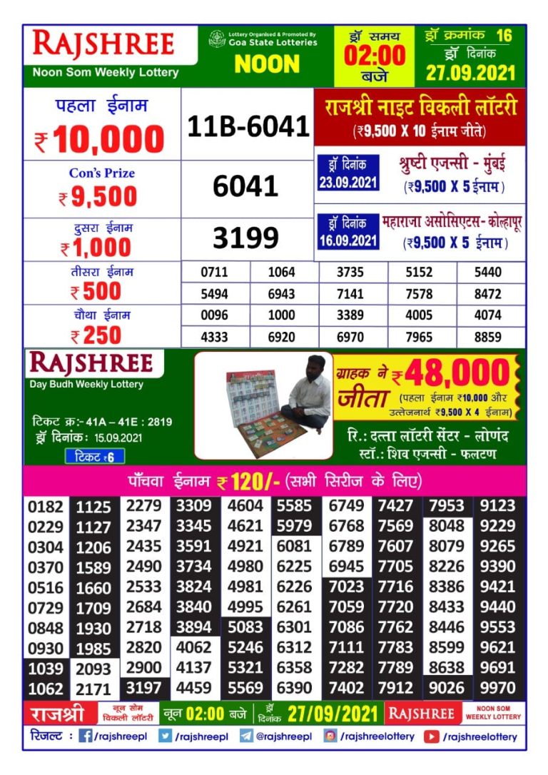 Rajshree Noon Som Weekly Lottery Result 2 pm  27.09.2021