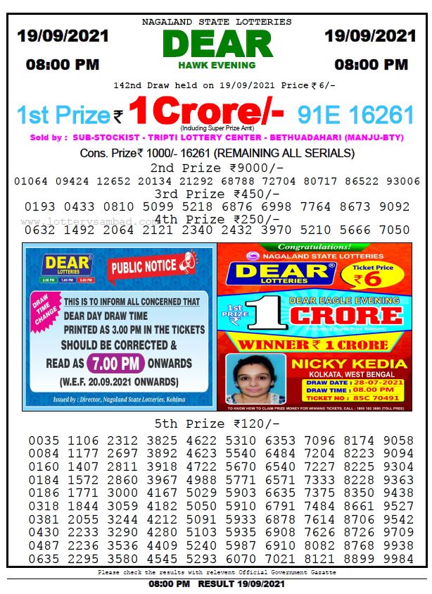 Dear Lottery Nagaland State Lottery Today 8:00 PM 19-09-2021
