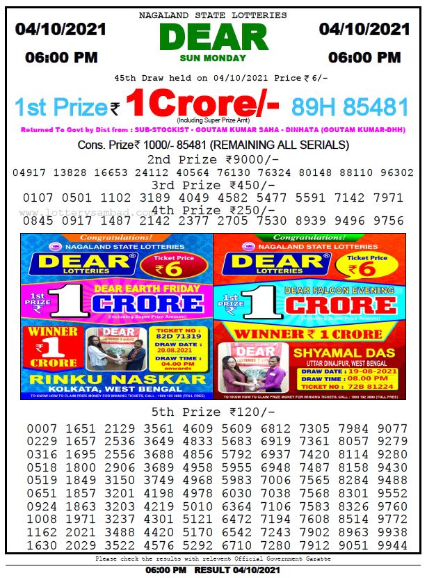 Dear Lottery Nagaland State Lottery Today 6:00 PM 04-10-2021