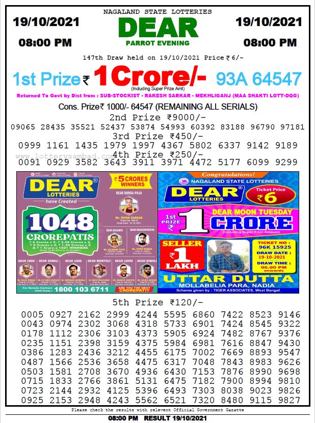 Dear Lottery Nagaland State Lottery Today 8:00 PM 19-10-2021