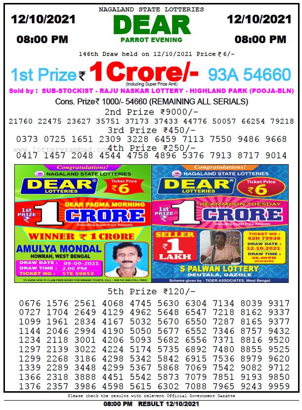 Dear Lottery Nagaland State Lottery Today 8:00 PM 12-10-2021